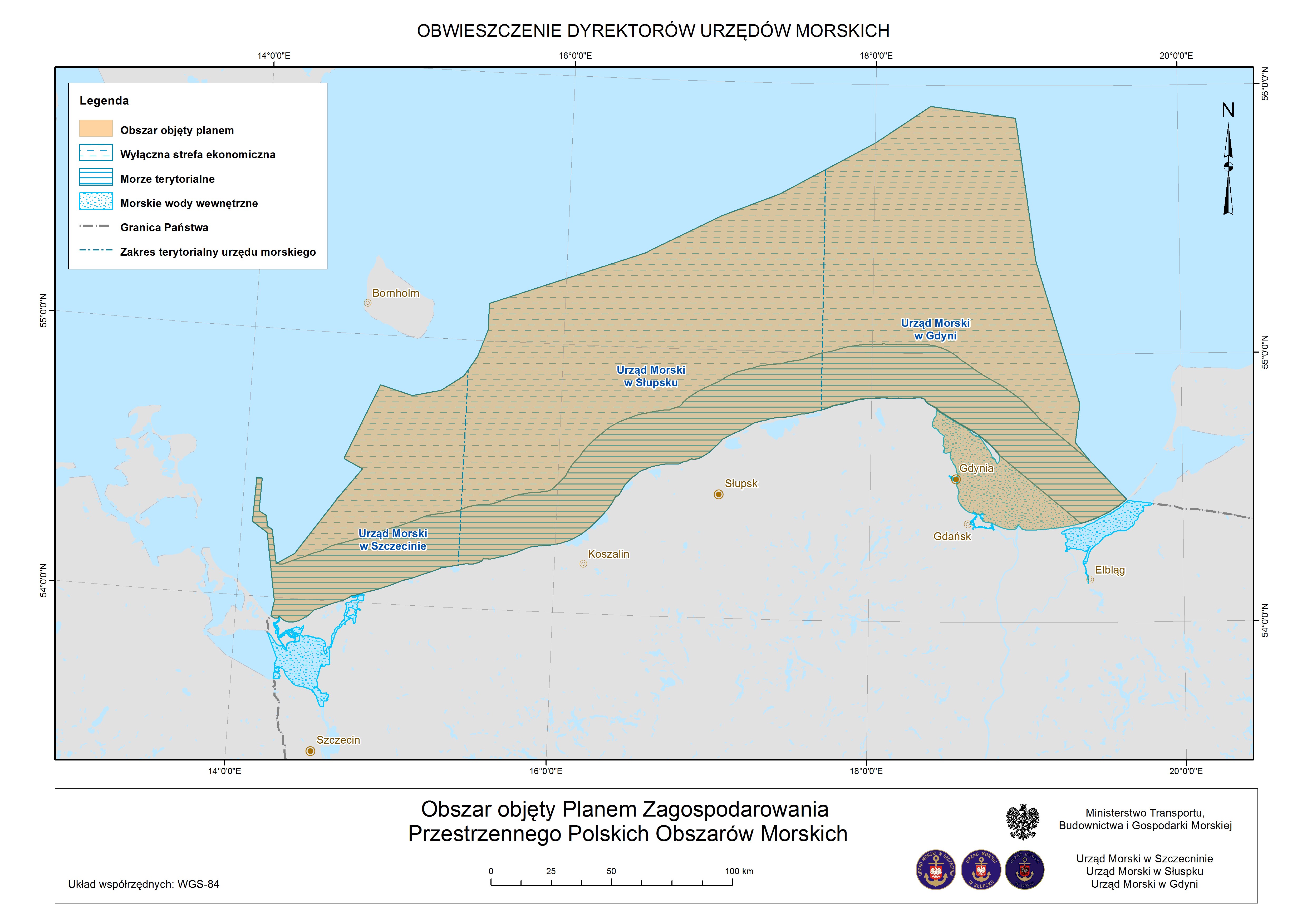 Zdjęcie przedstawia mapę polskich obszarów morskich, które mają być objęte planem zagospodarowania przestrzennego, tj. polska wyłączna strefa ekonomiczna, morze terytorialne oraz morskie wody wewnetrzne Zatoki Gdańskiej.