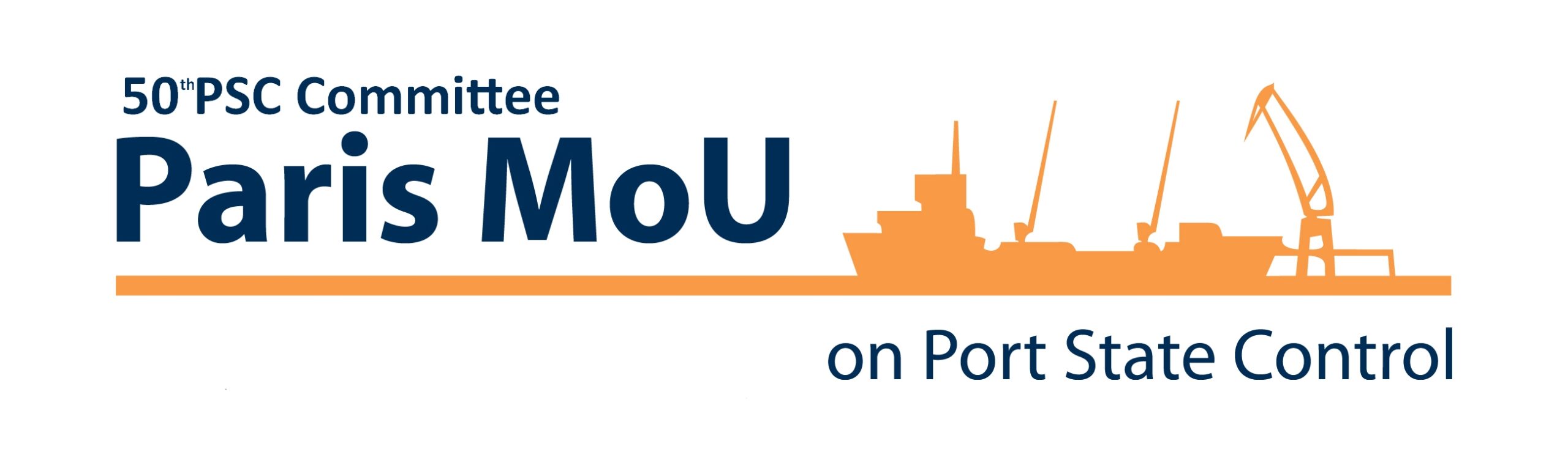 Logo 50-tego Komitetu Paris MoU, granatowy napis z pomarańczową grafiką statku i dźwigu