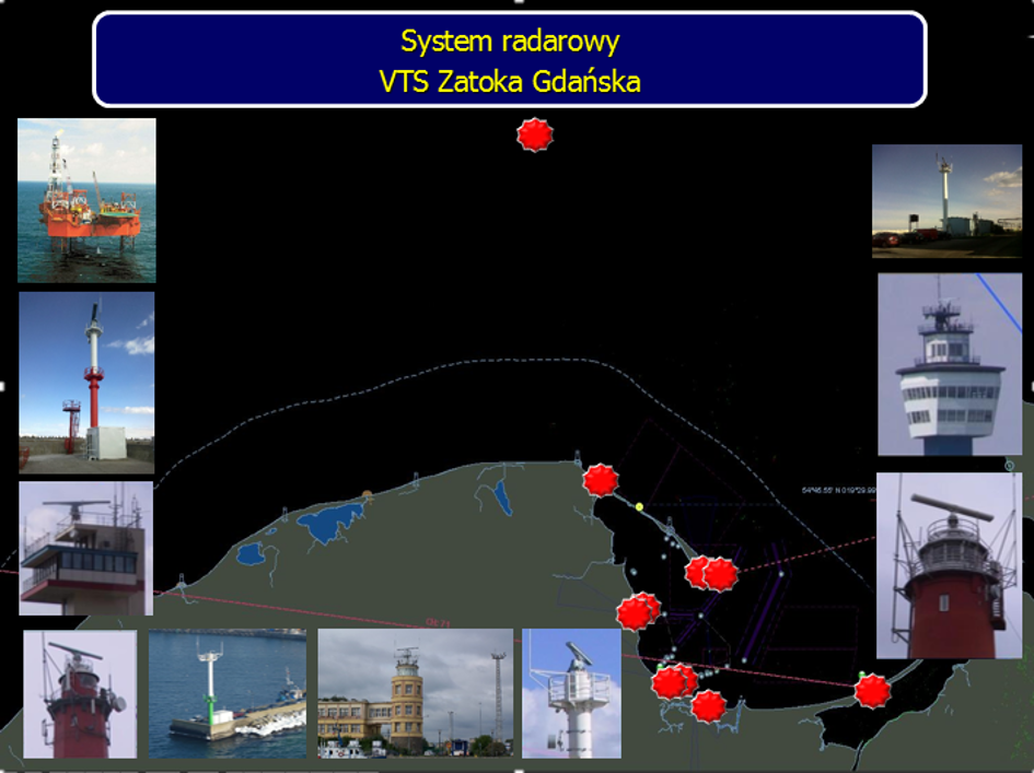 Na górze tytuł w granatowej ramce żółte litery – system radarowy – VTS Zatoka Gdańska. Poniżej fragment przedstawiający wybrzeże morskie Polski od Ustki do Krynicy Morskiej – morze jest w kolorze czarnym, ląd – ciemno szary. Czerwonymi gwiazdkami pokazane są lokalizacje dziewięciu radarów morskich znajdujących się na wybrzeżu oraz jednego – na morzu (poniżej ramki z tytułem. Zdjęcia radarów znajdują się po lewej, na dole i po prawej stronie zdjęcia.