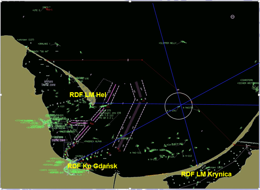Zdjęcie przedstawia fragment wybrzeże morskiego Polski od Rozewia do Krynicy Morskiej – morze jest w kolorze czarnym, ląd – ciemno szary. Widać zielone znaczki statków i ich nazwy. Zaznaczone są strefy rozgraniczenia ruchu na Zatoce Gdańskiej. Z Helu (opis żółty RDF LM Hel), z Gdańska (opis żółty RDF Kp Gdańsk) i z Krynicy Morskiej (opis żółty RDF LM Krynica) prowadzą granatowe linie krzyżujące się w jednym miejscu (na wschód od Helu i północ od Krynicy Morskiej) gdzie znajduje się zielone echo statku. 