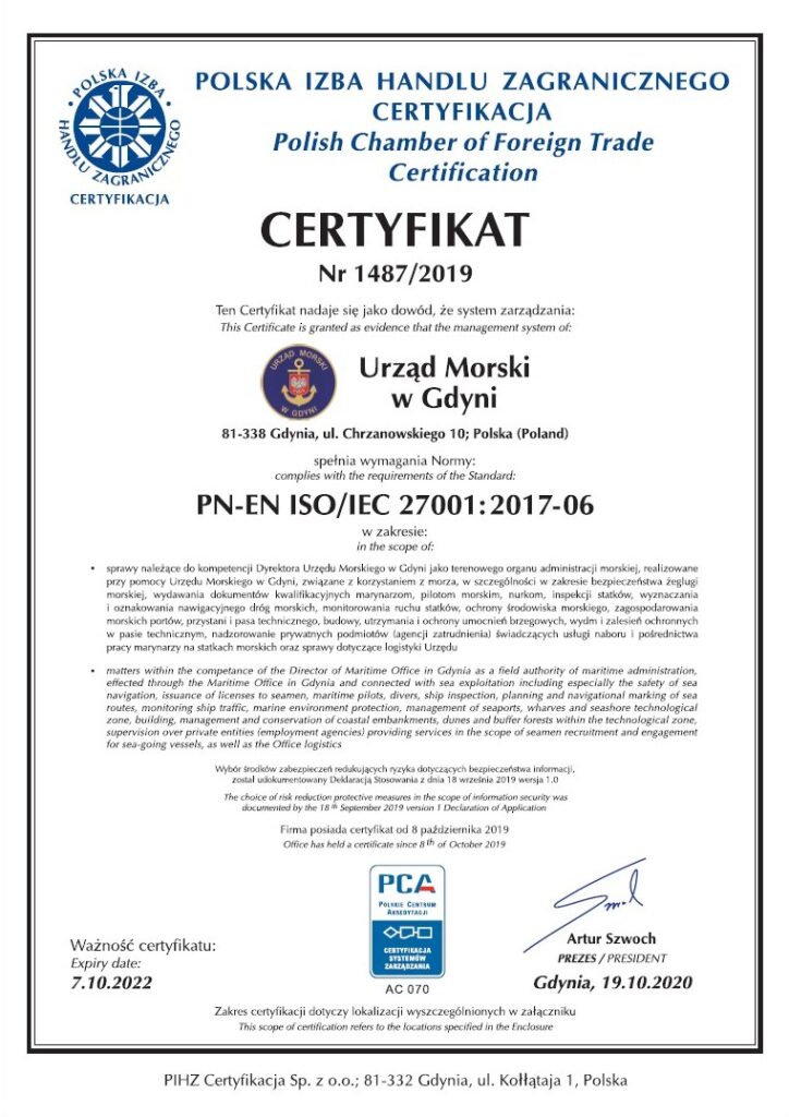 Certyfikat ISO 27001:2017 strona 1