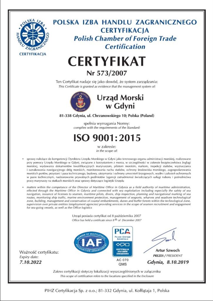 Certyfikat ISO 9001:2015 strona 1