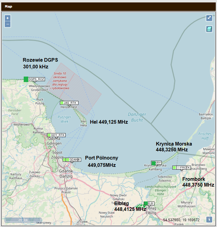 Rysunek 4 Wizualizacja na mapie obiektów systemu RTK Zalew i systemów zintegrowanych nowym oprogramowaniem (DGPS-PL, RTK Zatoka)