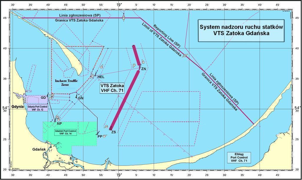 Nautical map showing the traffic separation zones in the Bay of Gdańsk. The water area is blue, the land is yellow, traffic separation zones in purple