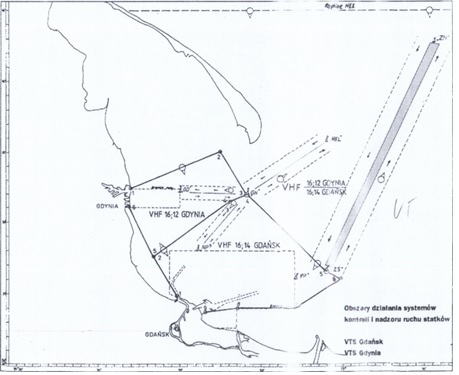 czarno-biała mapa zatoki gdańskiej przedstawiająca zasieg VTS Gdynia i VTS Gdańsk
