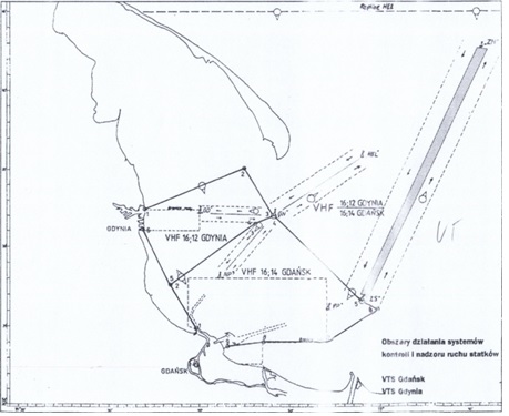 czarno-biała mapa zatoki gdańskiej pzredstawiająca zasieg black and white map of the Gulf of Gdańsk showing the range of VTS Gdynia and VTS Gdańsk in 1997 