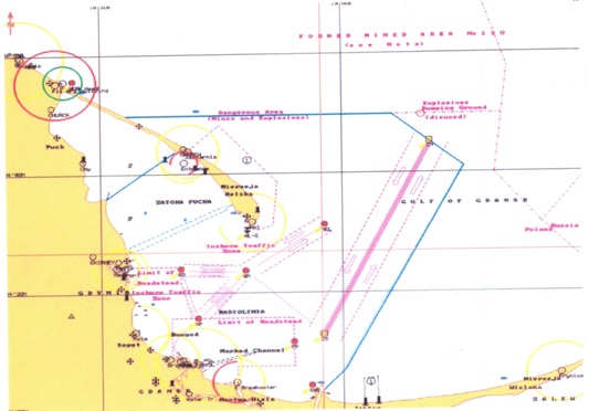 a nautical map of the gulf of Gdańsk (sea in white colour, land in yellow colour) showing the layout of traffic separation zones in 1980