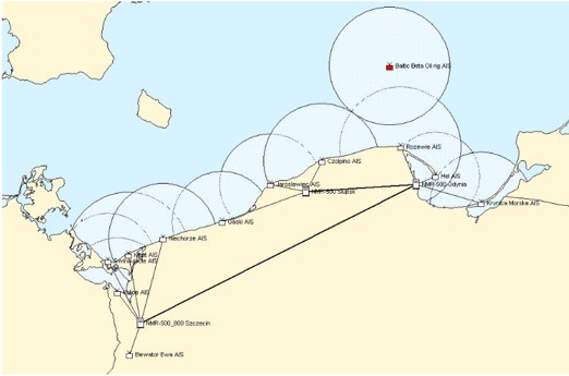 Schematyczna mapa całego polskiego wybrzeża morskiego – morze w kolorze błękitnym, ląd w kolorze żółtym. Na wybrzeżu oraz na platformie Baltic Beta (na północ od Rozewia) zaznaczone są pozycje 12 odbiorników AIS (automatic identification system) z zaznaczonymi okręgami zasięgów od strony morza. Części okręgów nakładają się na siebie. Dodatkowo zaznaczono miejsca serwerów (Szczecin, Słupsk i Gdynia) zbierających dane z poszczególnych stacji i ich wzajemne połączenie).