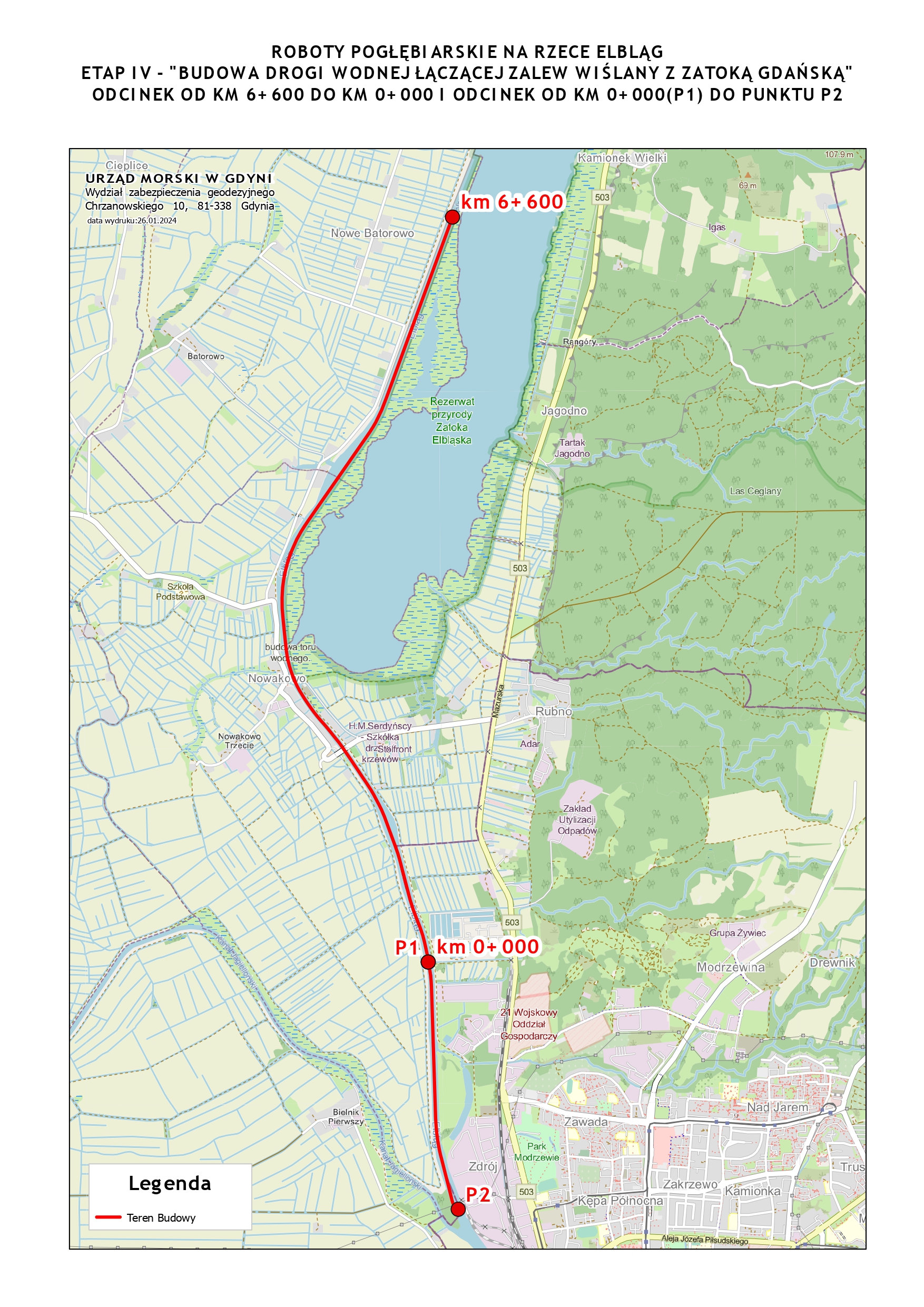 Mapa z zakresem inwestycji - tor wodny na rzece Elbląg 