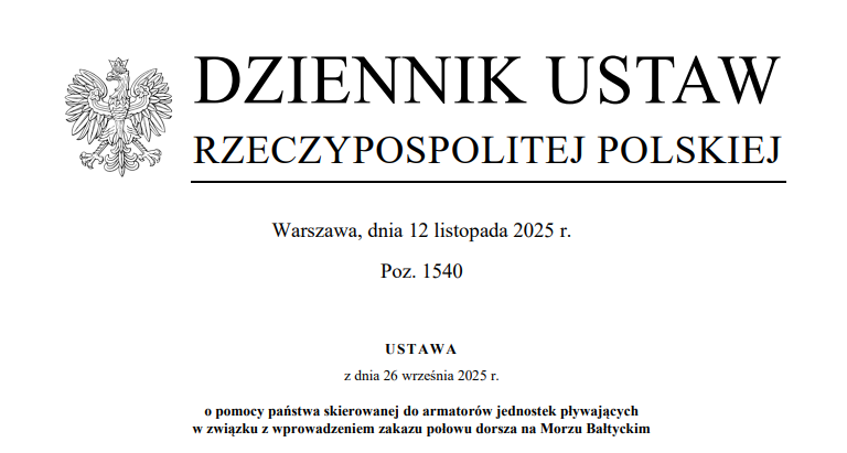 Informacja o udzielaniu pomocy de minimis dla armatorów jednostek pływających w związku z wprowadzeniem zakazu połowu dorsza na Morzu Bałtyckim