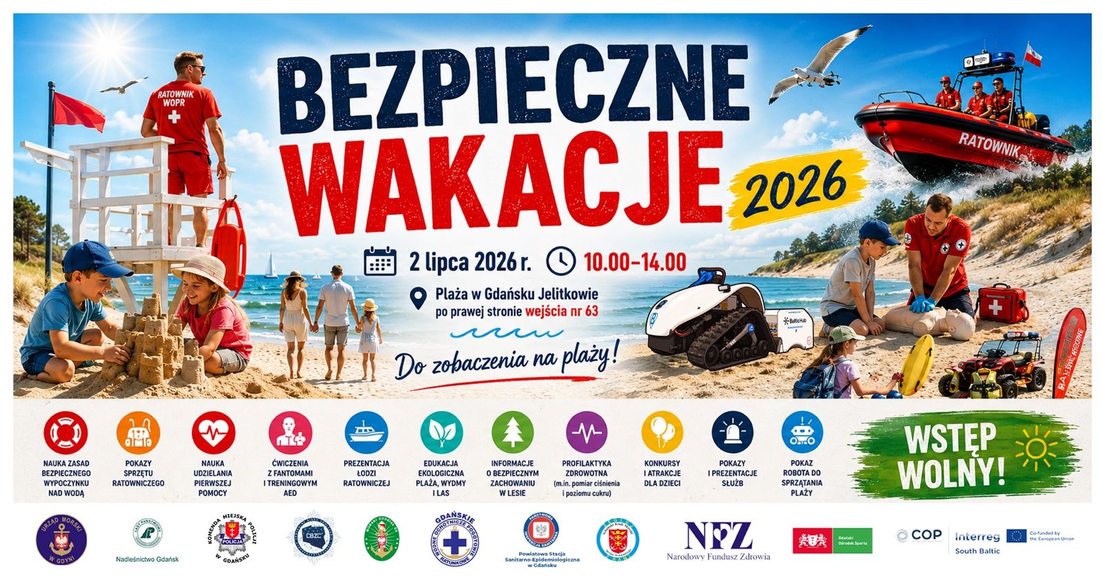 Bezpieczne Wakacje 2026 – edukacja, pokazy i profilaktyka na plaży w Jelitkowie