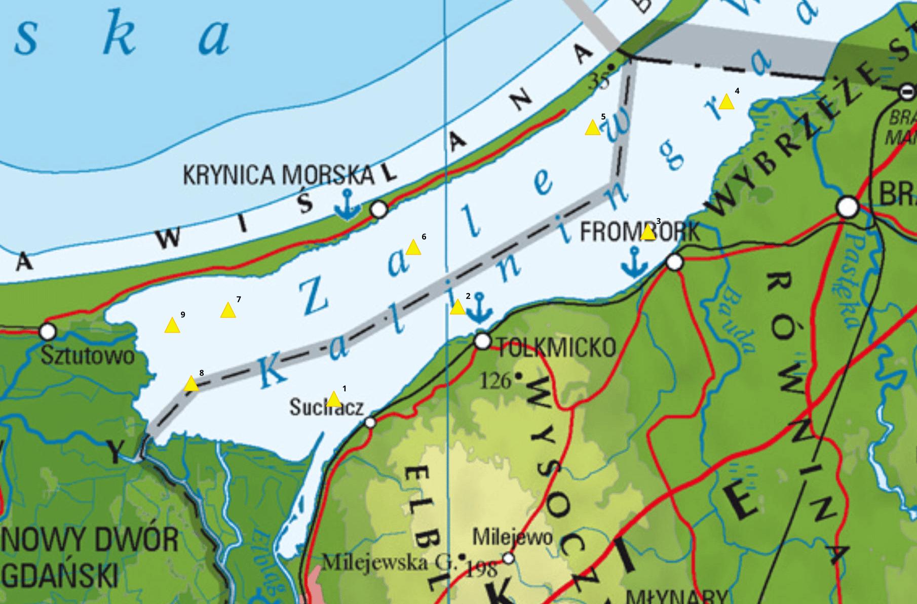 Rozmieszczenie pław informacyjnych na Zalewie Wiślanym