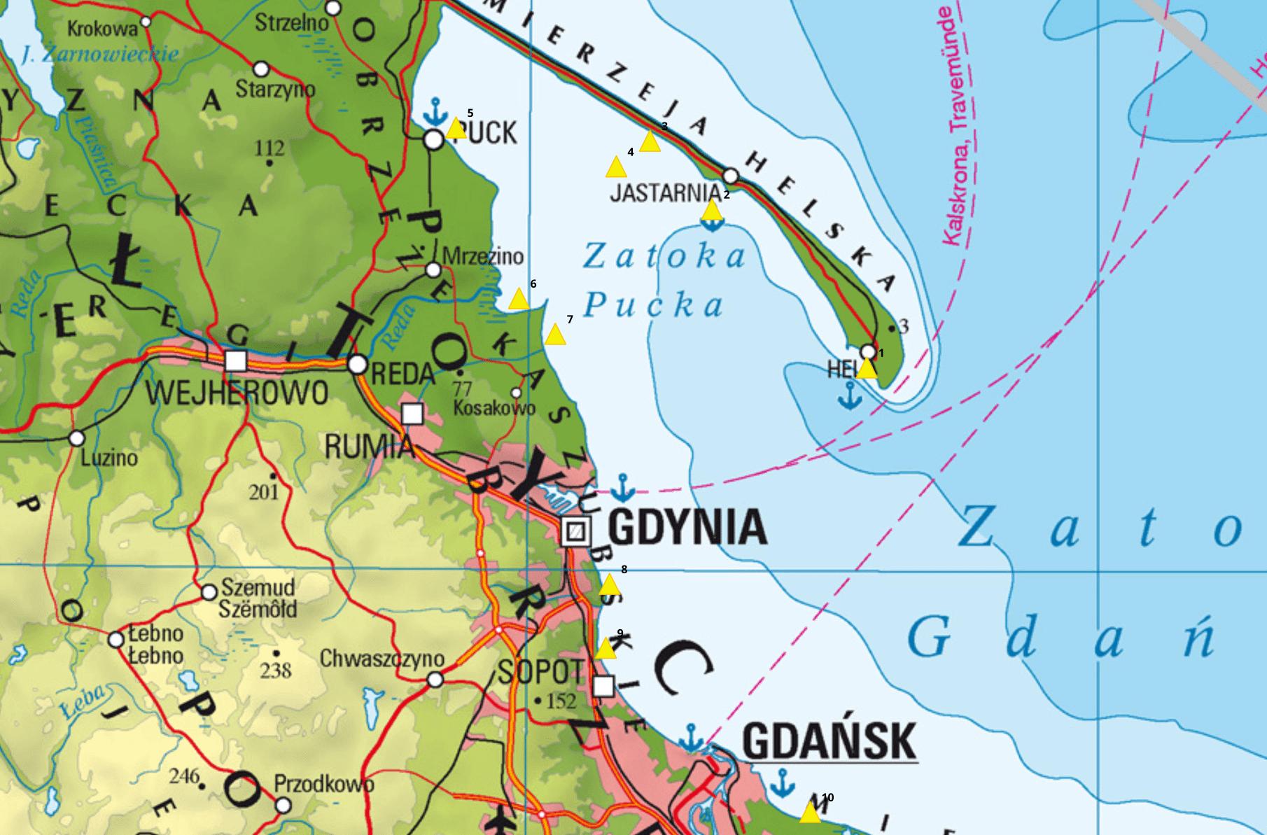 Rozmieszczenie pław informacyjnych na Zatoce Gdańskiej